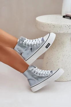 Metaliczne Wysokie Trampki Damskie Z Serduszkiem Niebieskie Sumehra Damskie Trampki Damskie Wysokie