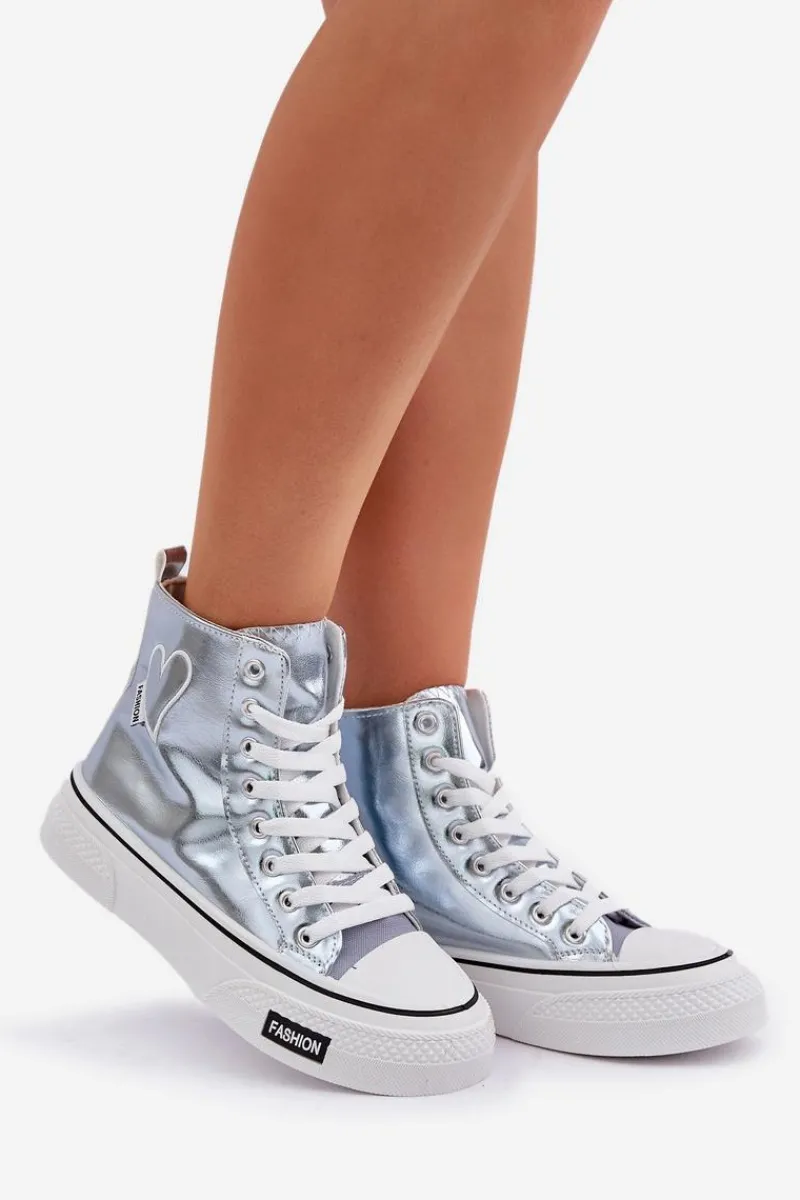 Metaliczne Wysokie Trampki Damskie Z Serduszkiem Niebieskie Sumehra Damskie Trampki Damskie Wysokie