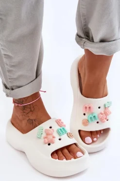 Outlet Boto Miękkie Damskie Piankowe Klapki Z Ozdobami Białe Lorie