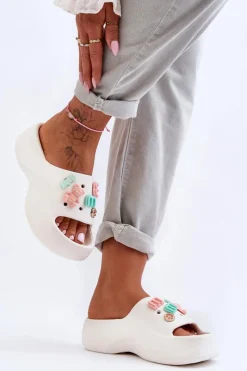 Outlet Boto Miękkie Damskie Piankowe Klapki Z Ozdobami Białe Lorie