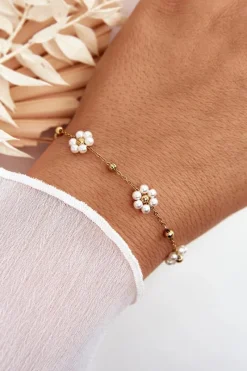 Hot Modna Bransoletka Z Białymi Kwiatkami Złota Bransoletki
