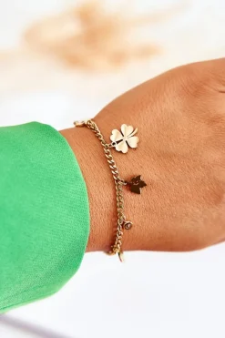 Outlet Glam Chic Modna Bransoletka Z Koniczyną I Liśćmi Złota