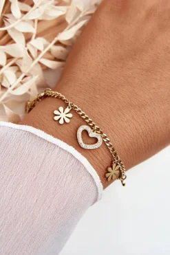 Best Glam Chic Modna Bransoletka Z Kwiatami I Sercem Złota