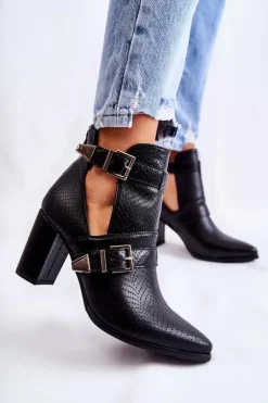 New Modne Botki Na Słupku Z Wycięciami Czarne Suelo Damskie Botki Wiosenne|Botki Na Słupku