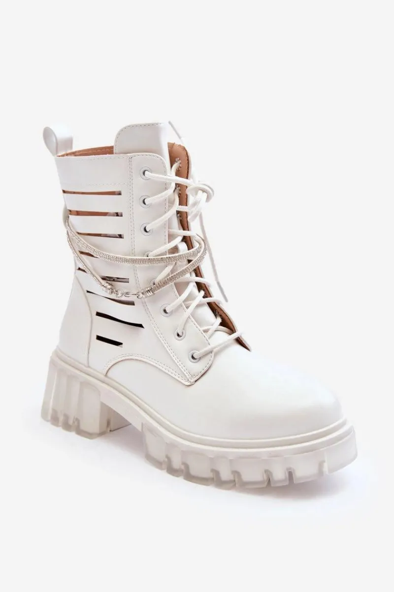 Outlet Boto Modne Botki Workery Z Ozdobnym Paseczkiem Białe Rocky