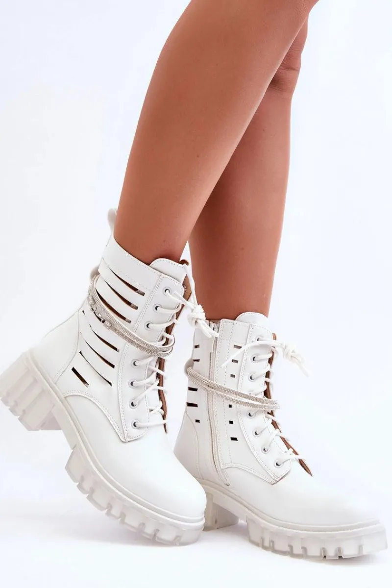 Outlet Boto Modne Botki Workery Z Ozdobnym Paseczkiem Białe Rocky