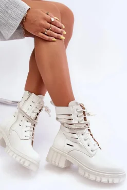 Outlet Boto Modne Botki Workery Z Ozdobnym Paseczkiem Białe Rocky