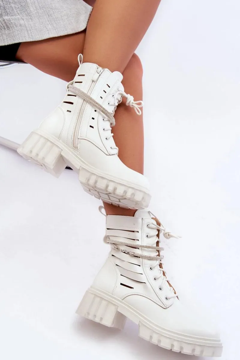 Outlet Boto Modne Botki Workery Z Ozdobnym Paseczkiem Białe Rocky