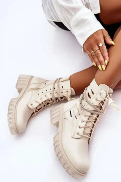 Sale Modne Botki Workery Z Ozdobnym Paseczkiem Beżowe Rocky Damskie Botki Wiosenne|Botki Sznurowane