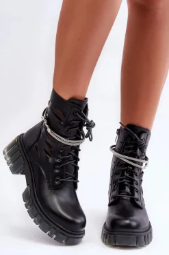 Botki Wiosenne|Botki Sznurowane>Boto Modne Botki Workery Z Ozdobnym Paseczkiem Czarne Rocky
