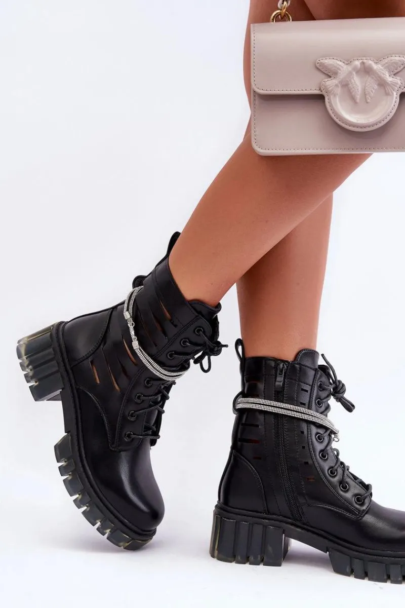 Botki Wiosenne|Botki Sznurowane>Boto Modne Botki Workery Z Ozdobnym Paseczkiem Czarne Rocky