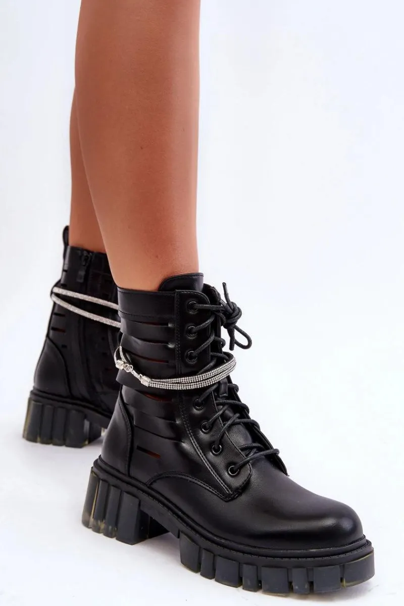 Botki Wiosenne|Botki Sznurowane>Boto Modne Botki Workery Z Ozdobnym Paseczkiem Czarne Rocky