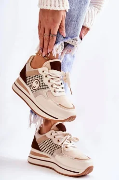 Sneakersy Damskie>Boto Modne Buty Sportowe Damskie Na Koturnie Beżowo-Brązowe Aronne