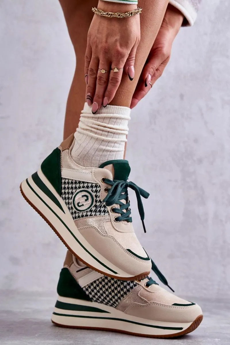 Sneakersy Damskie>Boto Modne Buty Sportowe Damskie Na Koturnie Beżowo-Zielone Aronne