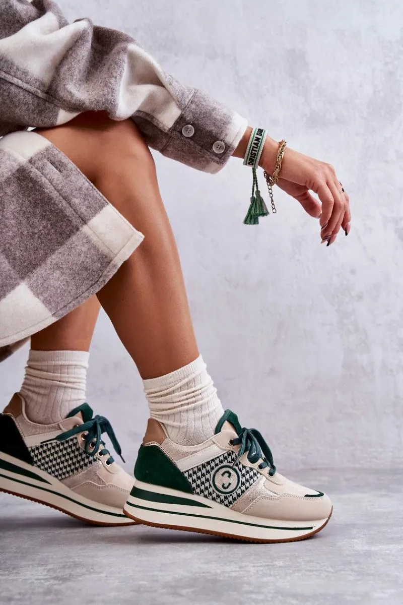 Sneakersy Damskie>Boto Modne Buty Sportowe Damskie Na Koturnie Beżowo-Zielone Aronne