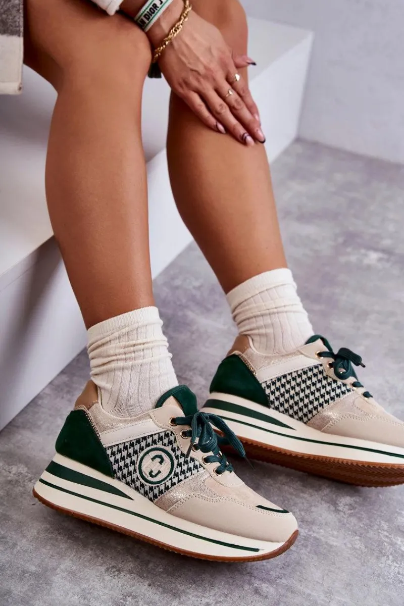 Sneakersy Damskie>Boto Modne Buty Sportowe Damskie Na Koturnie Beżowo-Zielone Aronne