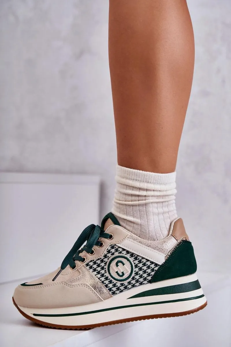 Sneakersy Damskie>Boto Modne Buty Sportowe Damskie Na Koturnie Beżowo-Zielone Aronne
