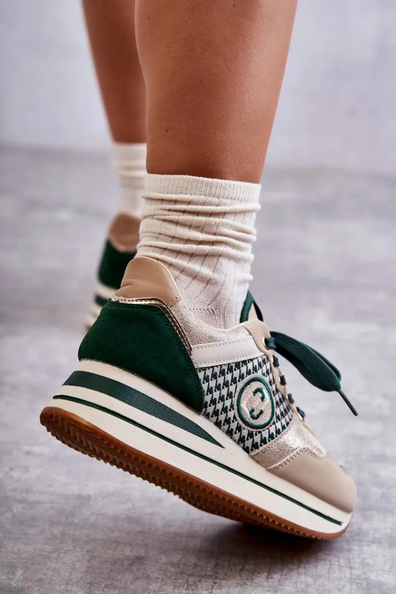 Sneakersy Damskie>Boto Modne Buty Sportowe Damskie Na Koturnie Beżowo-Zielone Aronne