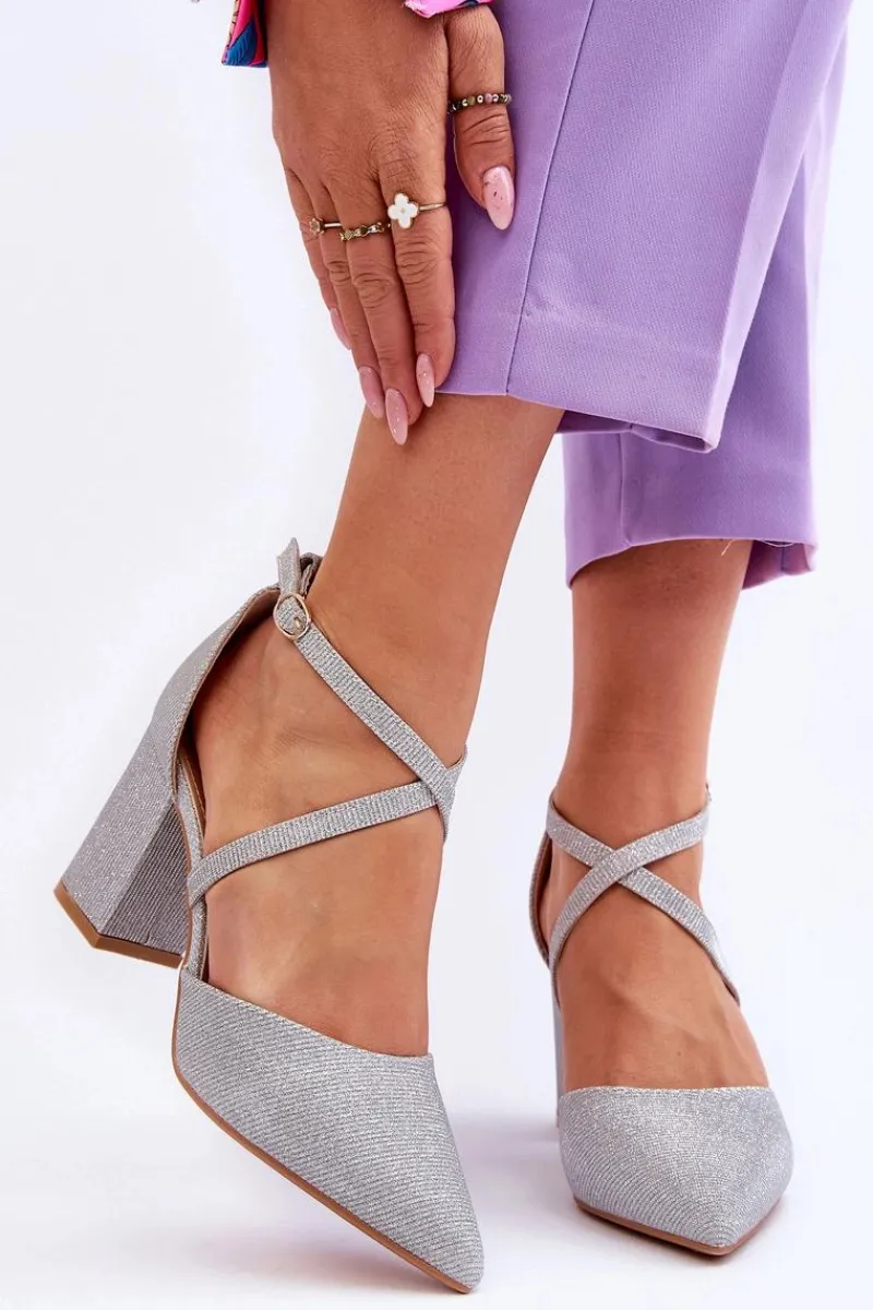 Outlet Modne Błyszczące Czółenka Na Słupku Srebrne Galaxy Damskie Czółenka Na Słupku|Czółenka Klasyczne