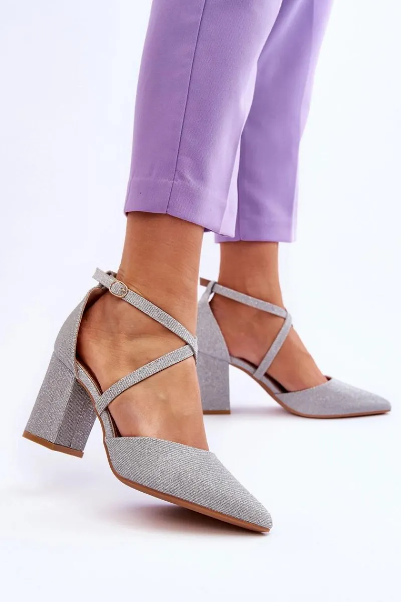 Outlet Modne Błyszczące Czółenka Na Słupku Srebrne Galaxy Damskie Czółenka Na Słupku|Czółenka Klasyczne