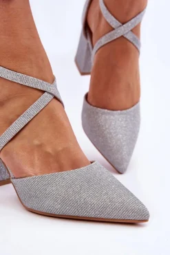 Outlet Modne Błyszczące Czółenka Na Słupku Srebrne Galaxy Damskie Czółenka Na Słupku|Czółenka Klasyczne