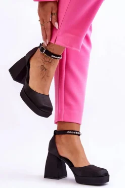 Online Modne Czółenka Na Masywnym Obcasie Z Cyrkoniami Czarne Adel Damskie Czółenka Na Platformie|Czółenka Na Słupku