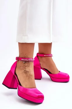 Boto Modne Czółenka Na Masywnym Obcasie Z Cyrkoniami Fuksja Adel