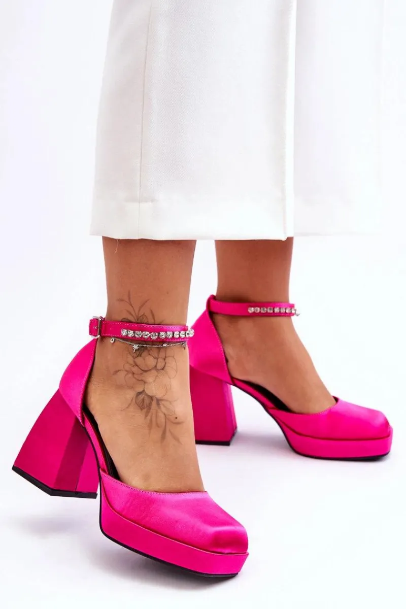 Boto Modne Czółenka Na Masywnym Obcasie Z Cyrkoniami Fuksja Adel