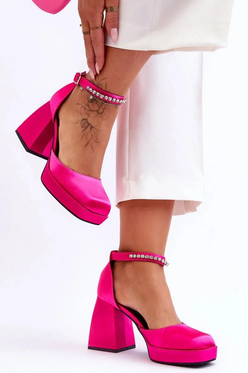 Boto Modne Czółenka Na Masywnym Obcasie Z Cyrkoniami Fuksja Adel