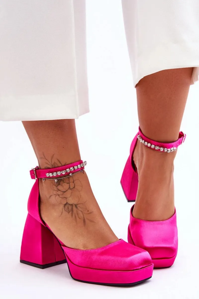 Boto Modne Czółenka Na Masywnym Obcasie Z Cyrkoniami Fuksja Adel