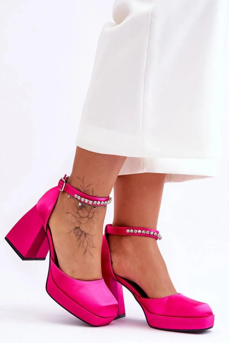 Boto Modne Czółenka Na Masywnym Obcasie Z Cyrkoniami Fuksja Adel