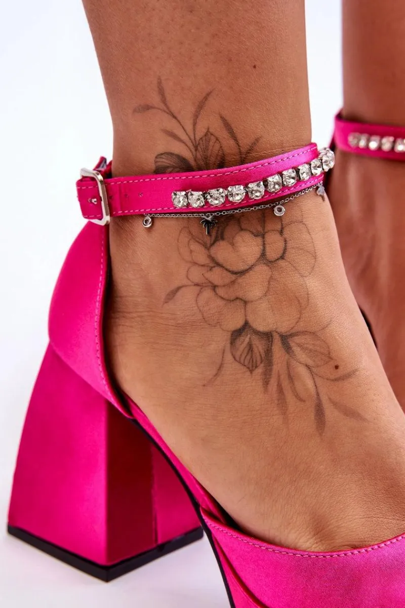 Boto Modne Czółenka Na Masywnym Obcasie Z Cyrkoniami Fuksja Adel