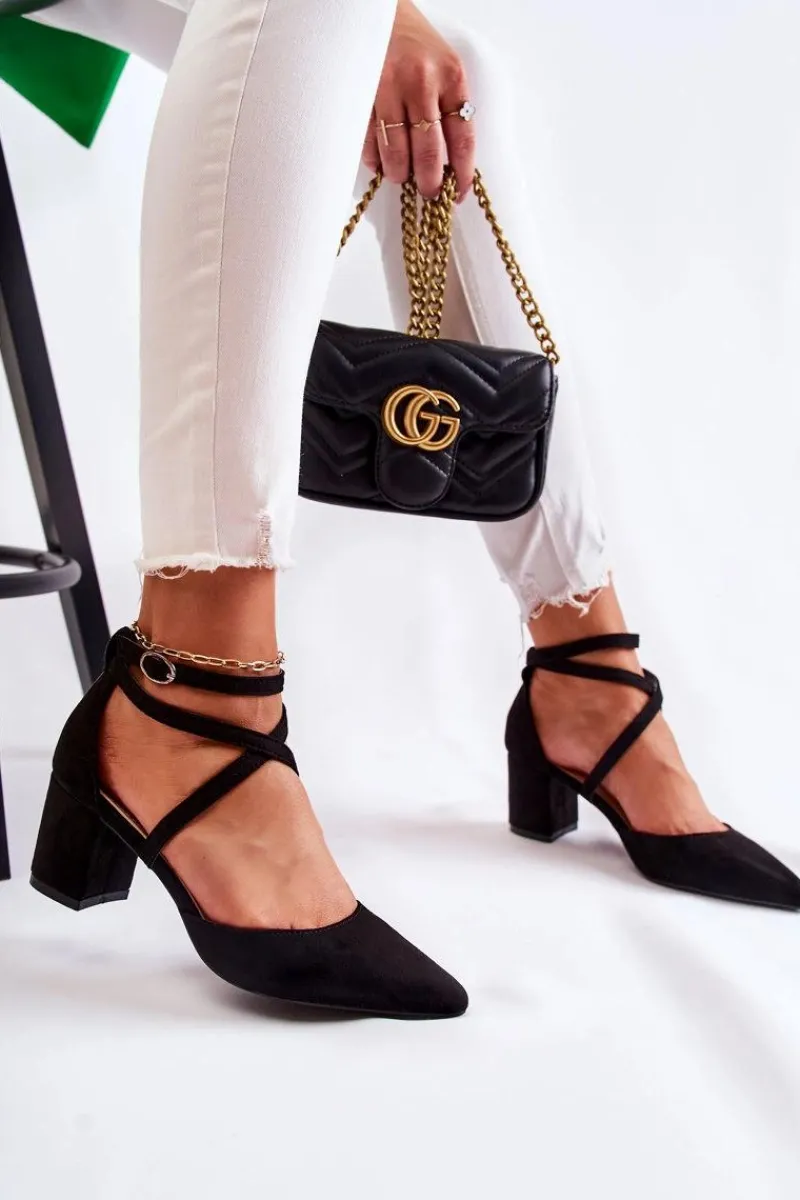 Discount Modne Czółenka Na Niskim Słupku Czarne Crissa Damskie Czółenka Zamszowe|Czółenka Na Słupku