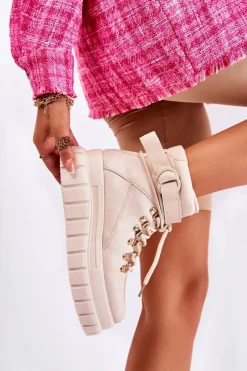 Outlet Modne Damskie Botki Na Platformie Z Paskiem Jasnobeżowe La Blanca Damskie Botki Zimowe Damskie|Brązowe I Beżowe Botki