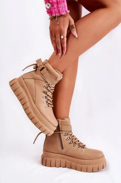 Sale Boto Modne Damskie Botki Na Platformie Z Paskiem Beżowe La Blanca