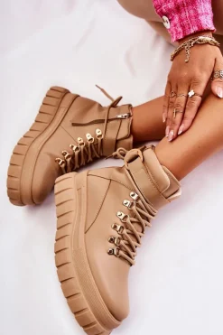 Sale Boto Modne Damskie Botki Na Platformie Z Paskiem Beżowe La Blanca