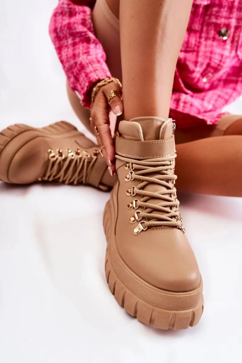 Sale Boto Modne Damskie Botki Na Platformie Z Paskiem Beżowe La Blanca