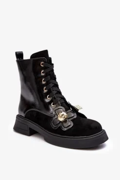 Best Damskie buty S.Barski Modne Damskie Botki Na Suwak Z Ozdobami D&A MR870-76 Czarne Czarny