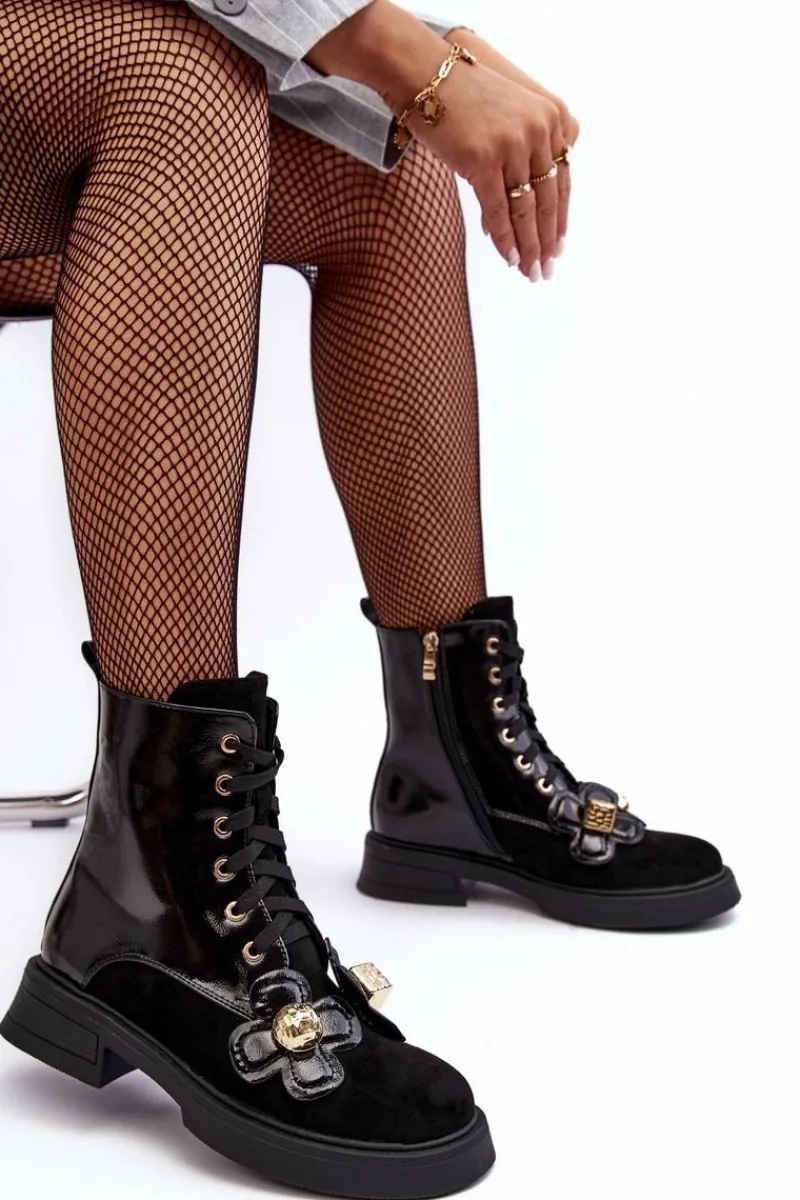 Best Damskie buty S.Barski Modne Damskie Botki Na Suwak Z Ozdobami D&A MR870-76 Czarne Czarny