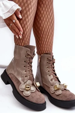 Outlet Modne Damskie Botki Na Suwak Z Ozdobami D&A MR870-76 Szaro-Brązowe Damskie Botki Ocieplane|Botki Sznurowane