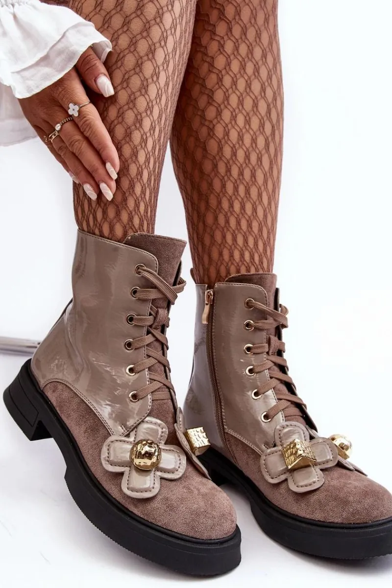 Outlet Modne Damskie Botki Na Suwak Z Ozdobami D&A MR870-76 Szaro-Brązowe Damskie Botki Ocieplane|Botki Sznurowane