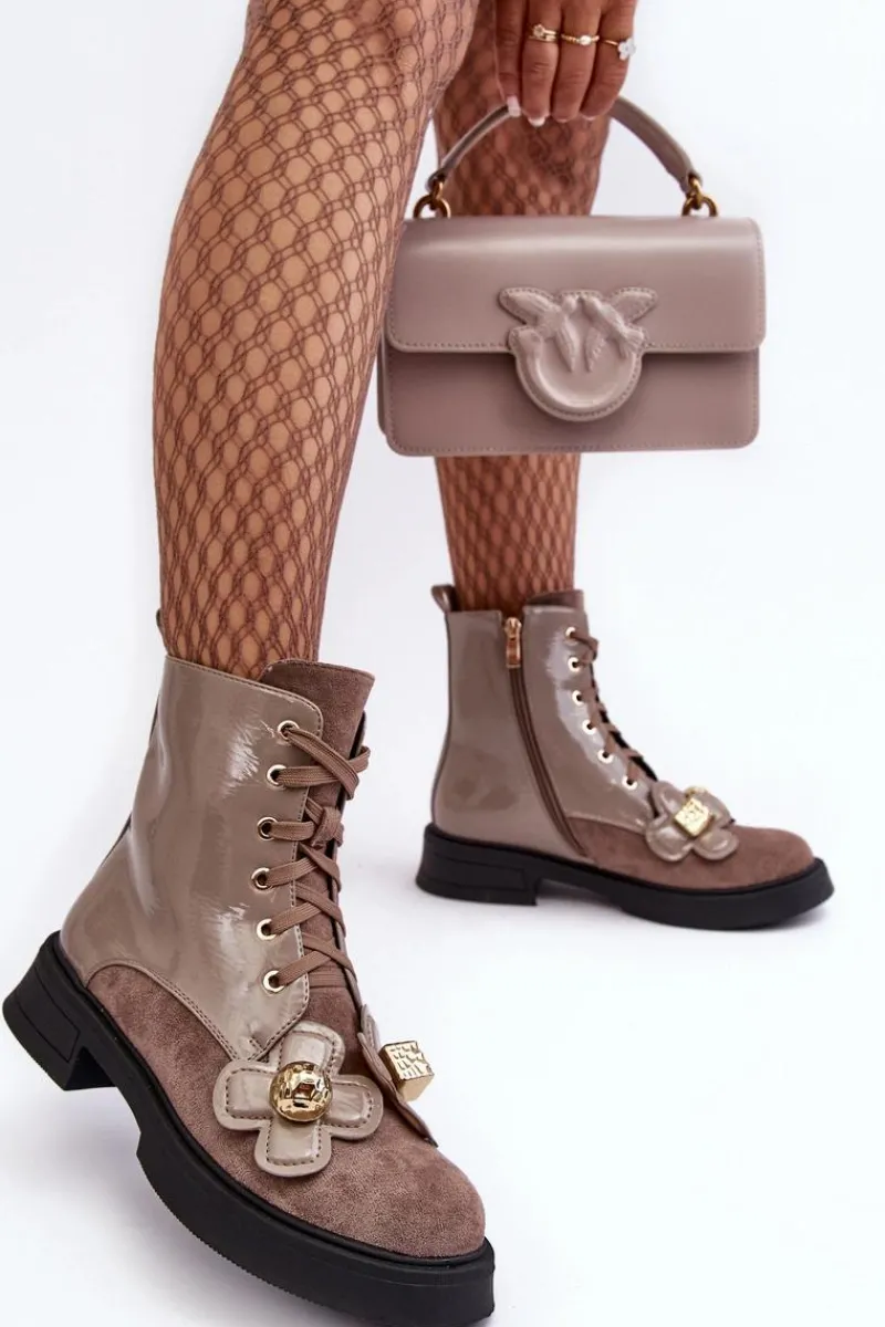 Outlet Modne Damskie Botki Na Suwak Z Ozdobami D&A MR870-76 Szaro-Brązowe Damskie Botki Ocieplane|Botki Sznurowane