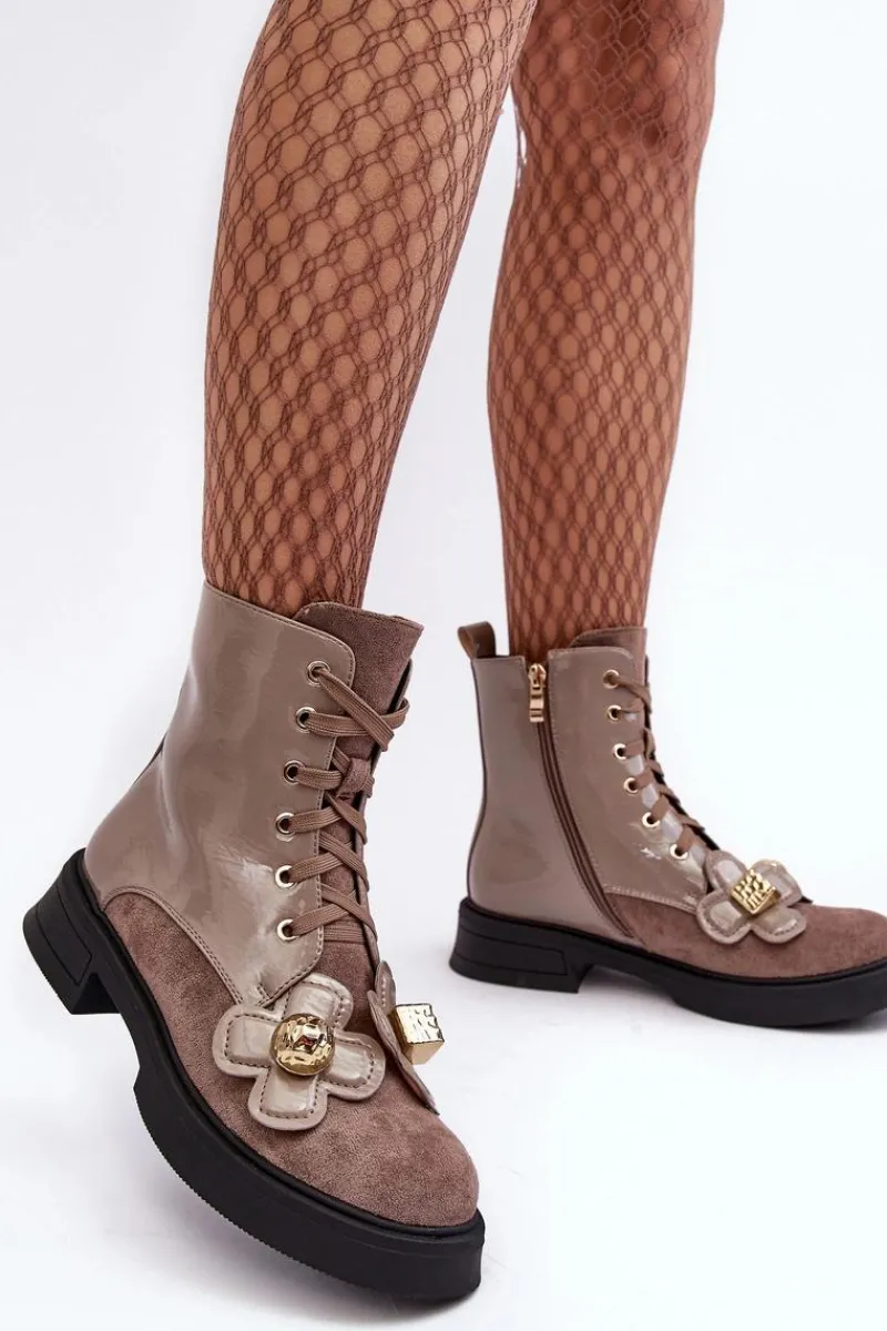 Outlet Modne Damskie Botki Na Suwak Z Ozdobami D&A MR870-76 Szaro-Brązowe Damskie Botki Ocieplane|Botki Sznurowane