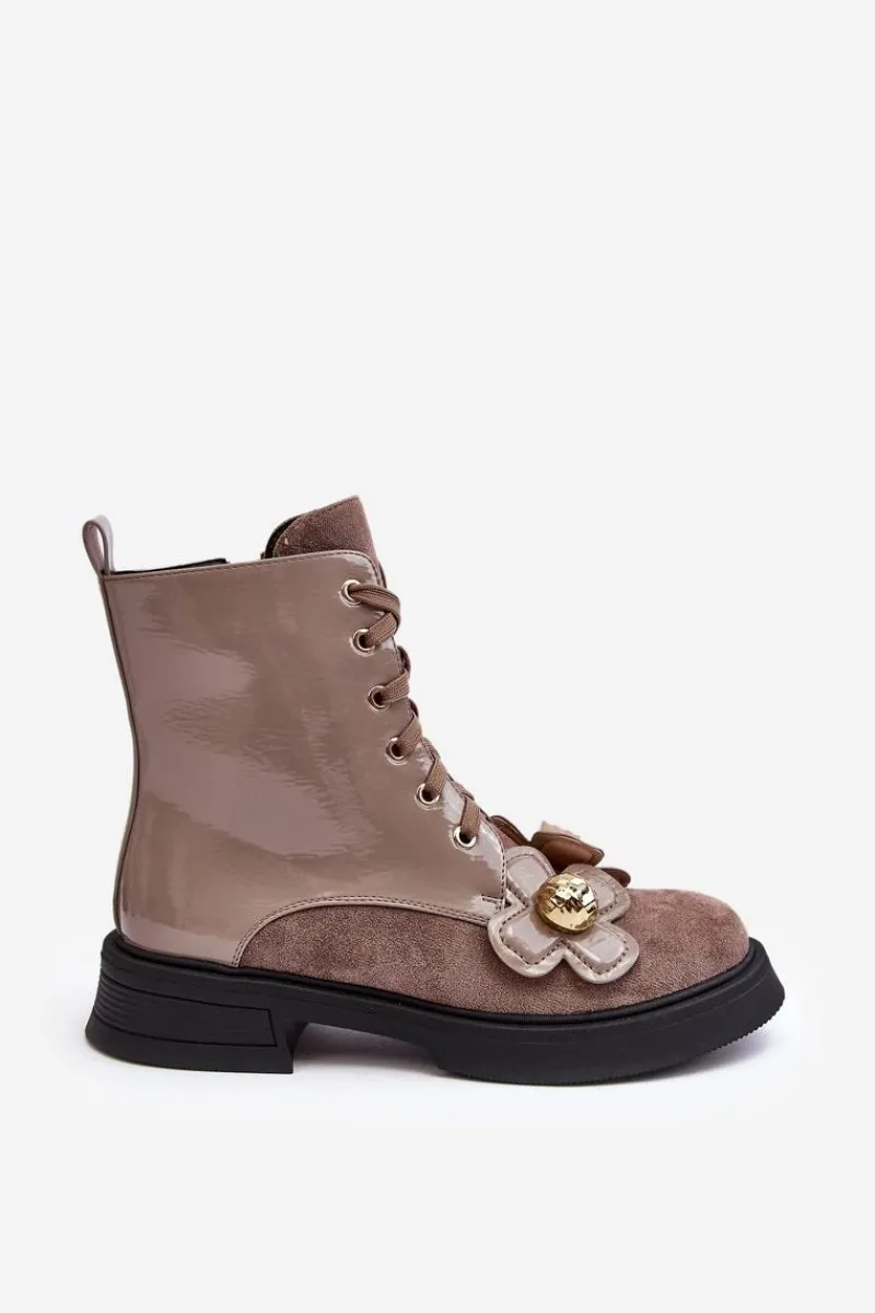 Outlet Modne Damskie Botki Na Suwak Z Ozdobami D&A MR870-76 Szaro-Brązowe Damskie Botki Ocieplane|Botki Sznurowane