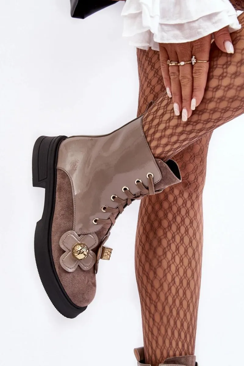 Outlet Modne Damskie Botki Na Suwak Z Ozdobami D&A MR870-76 Szaro-Brązowe Damskie Botki Ocieplane|Botki Sznurowane