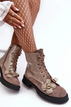 Outlet Modne Damskie Botki Na Suwak Z Ozdobami D&A MR870-76 Szaro-Brązowe Damskie Botki Ocieplane|Botki Sznurowane