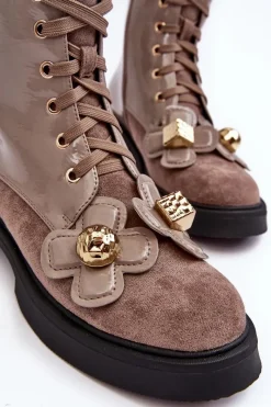 Outlet Modne Damskie Botki Na Suwak Z Ozdobami D&A MR870-76 Szaro-Brązowe Damskie Botki Ocieplane|Botki Sznurowane