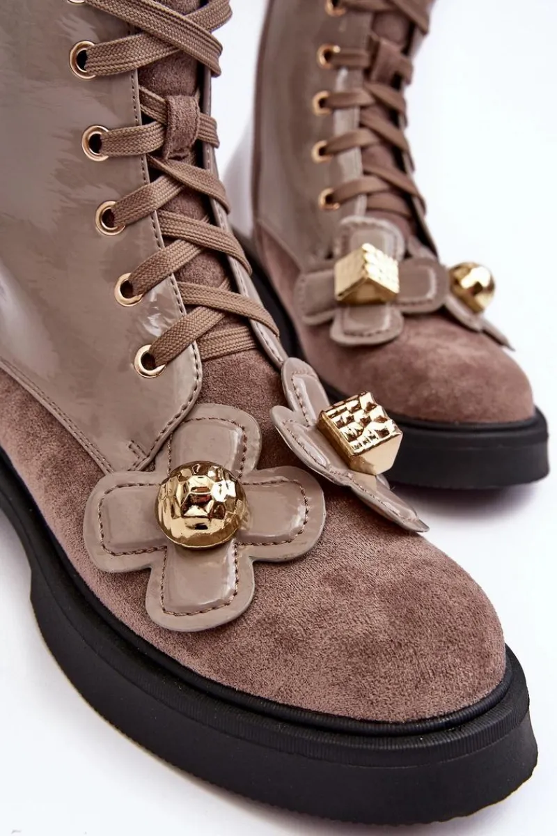 Outlet Modne Damskie Botki Na Suwak Z Ozdobami D&A MR870-76 Szaro-Brązowe Damskie Botki Ocieplane|Botki Sznurowane