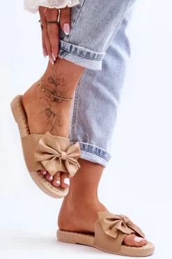 Best Boto Modne Damskie Klapki Z Kokardą Beżowe Estera