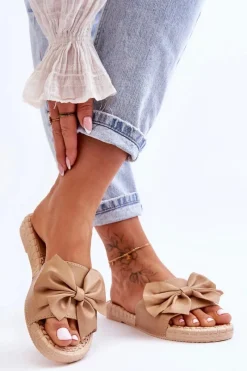 Best Boto Modne Damskie Klapki Z Kokardą Beżowe Estera